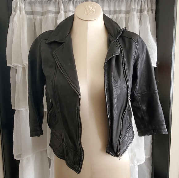 Genuine Leather Jacket Cropped 3/4 Sleeve Black - Picture 2 of 4
